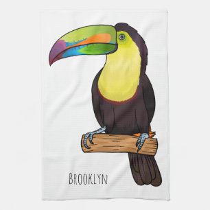 Keel-billed toucan bird cartoon illustration tea towel