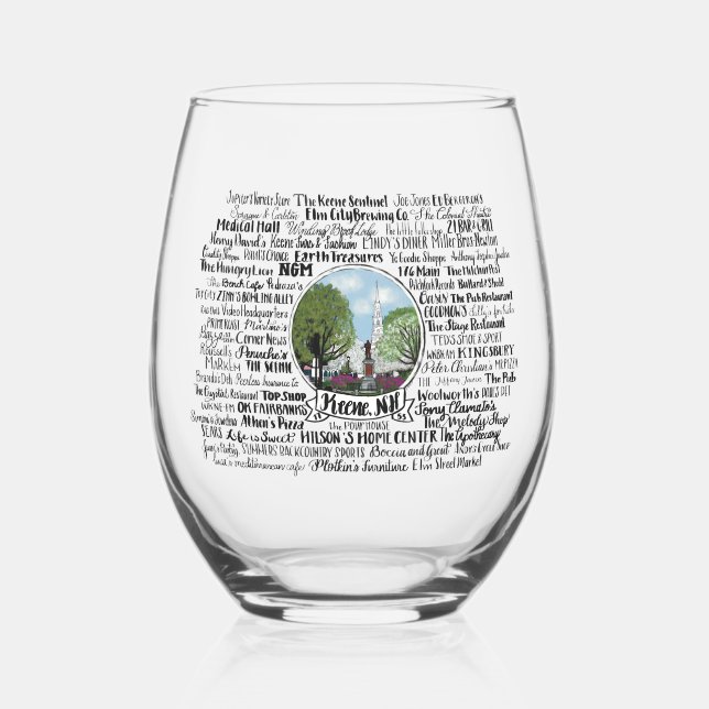 Keene, NH - Now & Then Stemless Wine Glass (Front)
