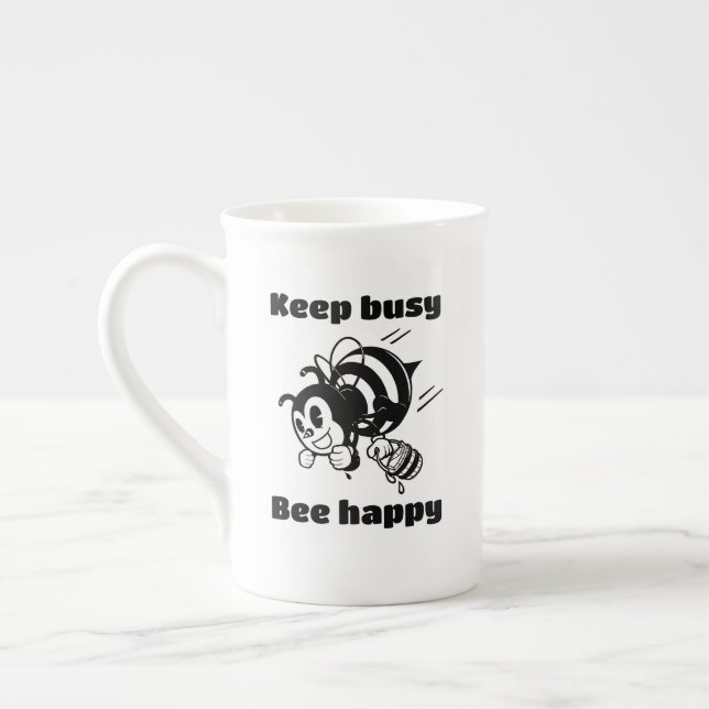 Keep Busy Be Happy Busy Bee Motivational Cartoon Bone China Mug (Left)
