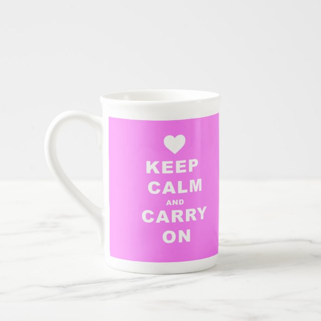 KEEP CALM AN CARRY ON Pink Bone China Mug (Left)