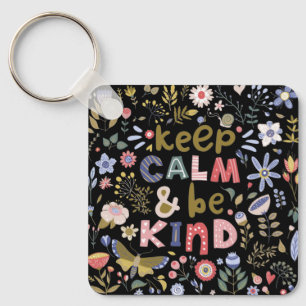 Keep Calm And Be Kind Folk Art Flowers Key Ring