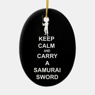 Keep calm and carry a samurai sword ceramic tree decoration