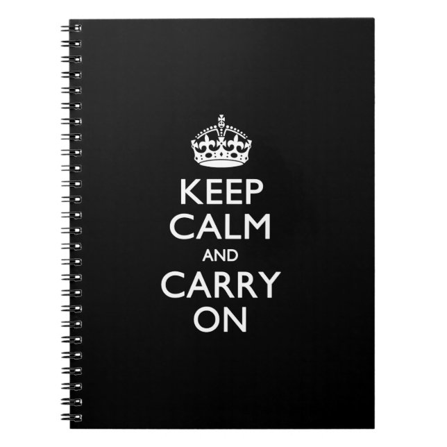 Keep Calm And Carry On Black Notebook (Front)