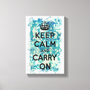 Keep Calm and Carry On Blue Wallpaper Damask Canvas Print