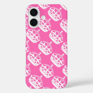 Keep Calm and Carry On Crown White on Pink iPhone 16 Case