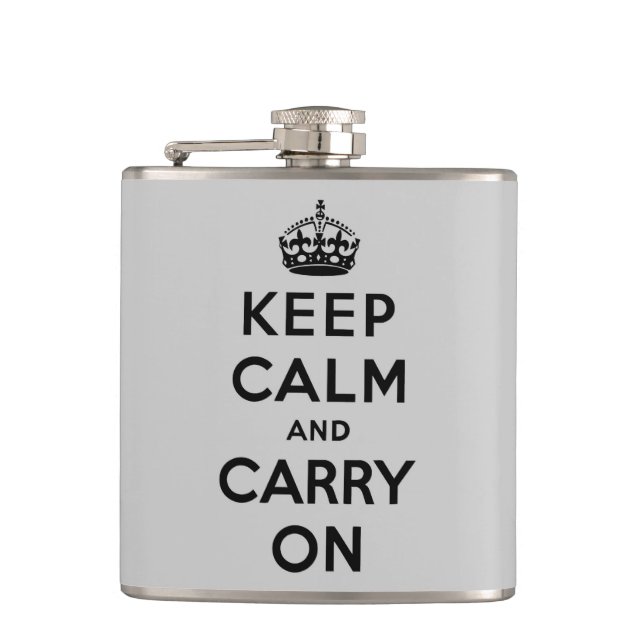 keep calm and carry on -  grey and black hip flask (Front)