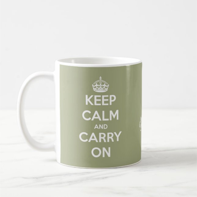 Keep Calm and Carry On Sage Green Personalised Coffee Mug (Left)