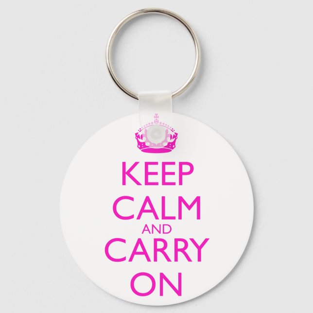 Keep Calm and Carry On Shocking Pink Text Key Ring (Front)