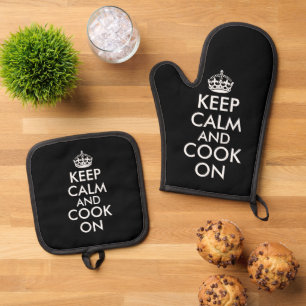 Keep calm and cook on funny black oven mitt & pot holder set