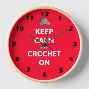 Keep calm and crochet on, red with numbers wall clock
