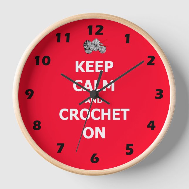 Keep calm and crochet on, red with numbers wall clock (Front)