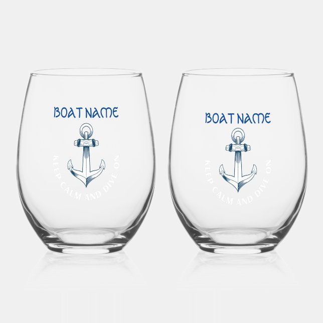 Keep Calm And Dive On,Anchor Navy Blue  Stemless Wine Glass (Front)
