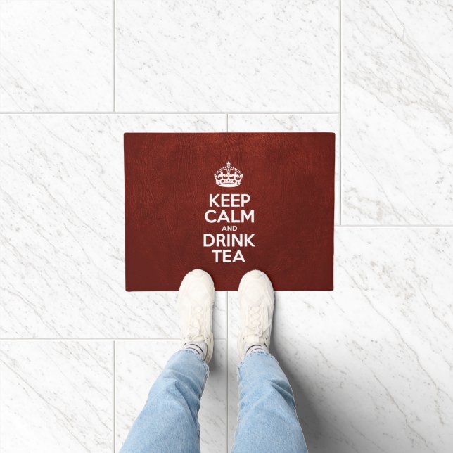 Keep Calm and Drink Tea, Red Leather, Crown Doormat (Indoor)