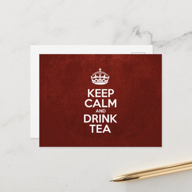 Keep Calm and Drink Tea - Red Leather Postcard (Front/Back In Situ)