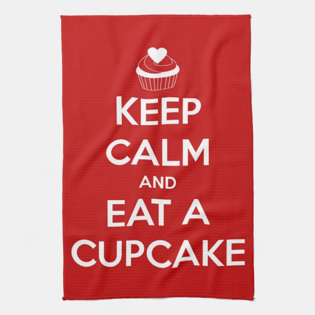 Keep Calm and Eat A Cupcake Red Tea Towel (Vertical)