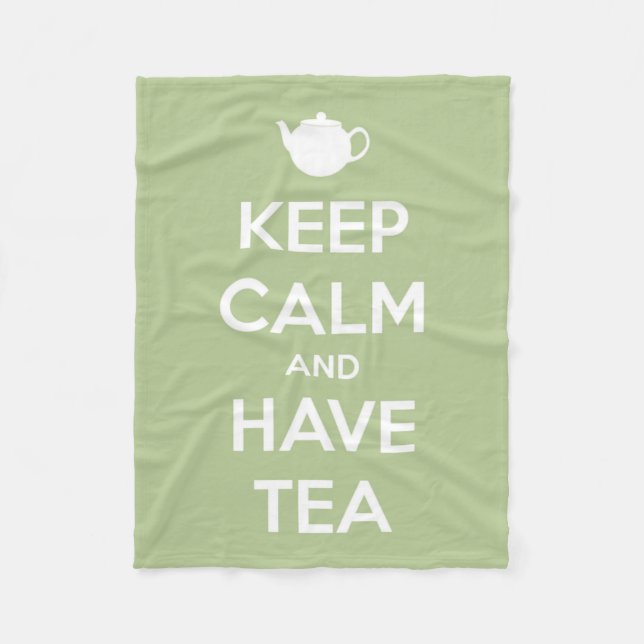 Keep Calm and Have Tea Sage Green and White Fleece Blanket (Front)