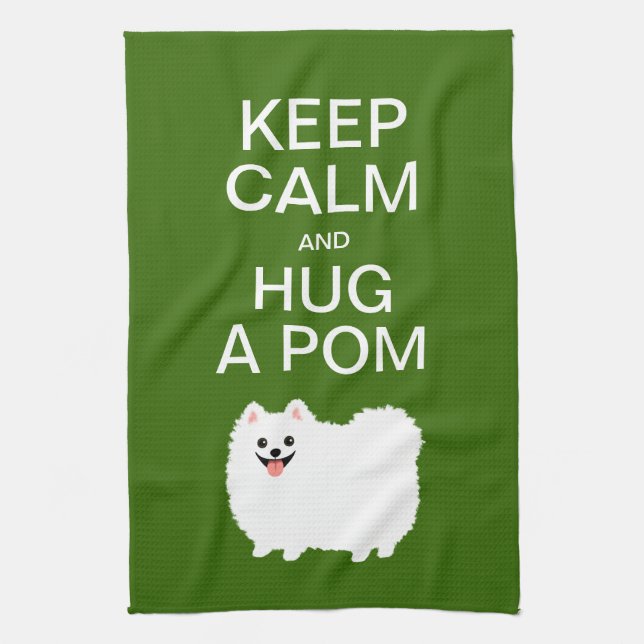Keep Calm and Hug a Pom - Cute White Pomeranian Tea Towel (Vertical)