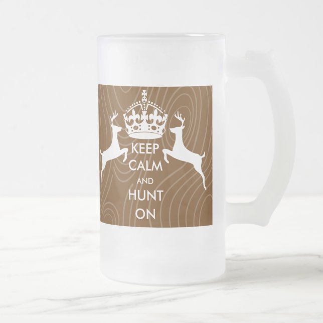 KEEP CALM and HUNT ON Two Pancing Deer Wood Grain Frosted Glass Beer Mug (Right)