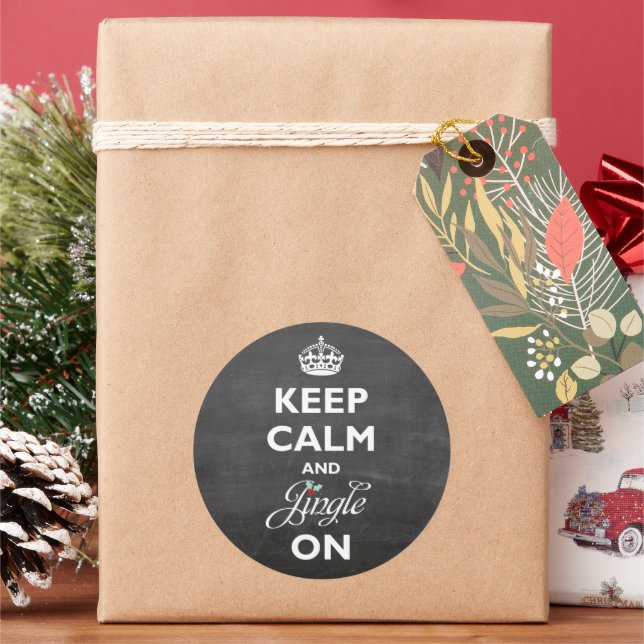 Keep Calm And Jingle On Chalkboard Funny Holiday Classic Round Sticker (Holiday)