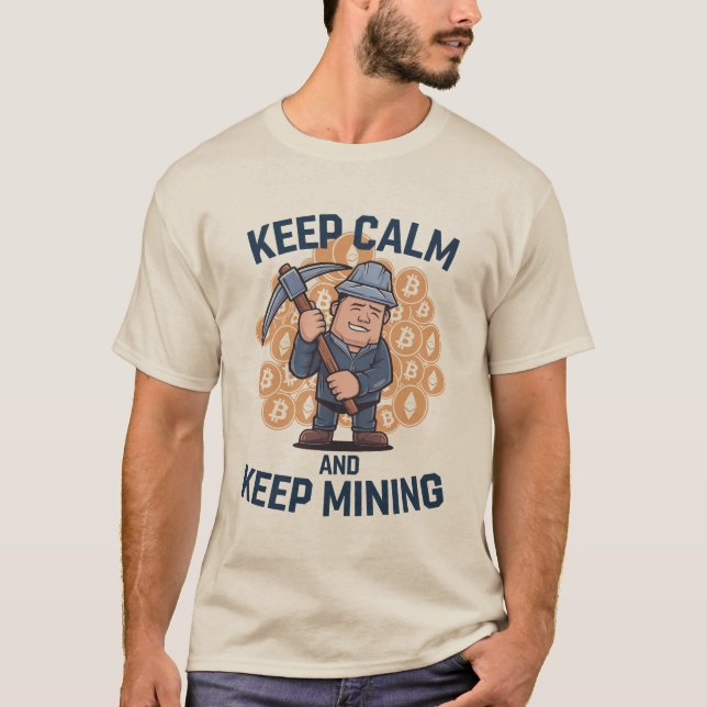 Keep Calm and Keep Mining - Crypto Miner Cartoon T-Shirt (Front)