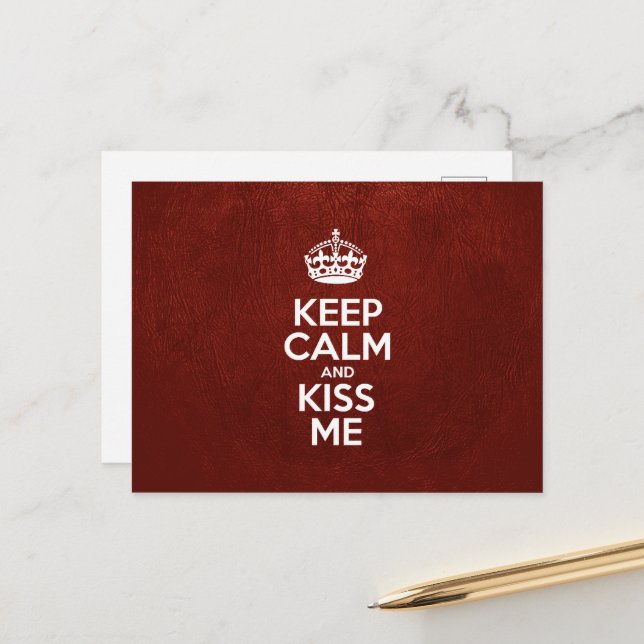 Keep Calm and Kiss Me, Red Leather, Crown Postcard (Front/Back In Situ)