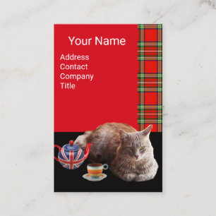 "KEEP CALM AND KITTY ON" CAT TEA PARTY,RED TARTAN BUSINESS CARD