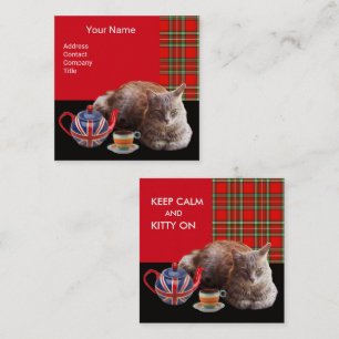 "KEEP CALM AND KITTY ON" CAT TEA PARTY,RED TARTAN SQUARE BUSINESS CARD