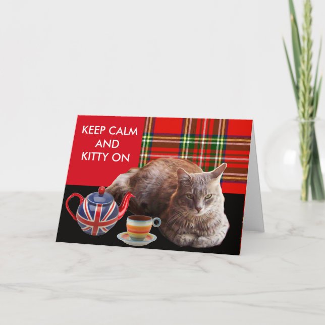 "KEEP CALM AND KITTY ON" ,RED TARTAN,CAT TEA PARTY CARD (Front)