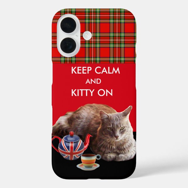 KEEP CALM AND KITTY ON ,RED TARTAN CAT TEA PARTY Case-Mate iPhone CASE (Back)