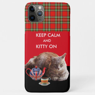 KEEP CALM AND KITTY ON ,RED TARTAN CAT TEA PARTY iPhone 11 PRO MAX CASE