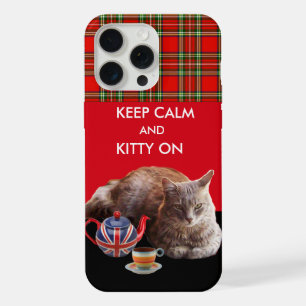 KEEP CALM AND KITTY ON ,RED TARTAN CAT TEA PARTY iPhone 15 PRO MAX CASE