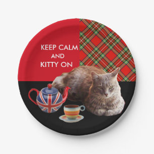 "KEEP CALM AND KITTY ON" ,RED TARTAN,CAT TEA PARTY PAPER PLATE