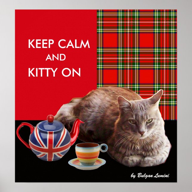 "KEEP CALM AND KITTY ON" ,RED TARTAN,CAT TEA PARTY POSTER (Front)