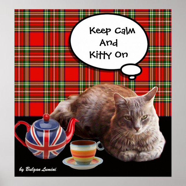 "KEEP CALM AND KITTY ON" ,RED TARTAN,CAT TEA PARTY POSTER (Front)