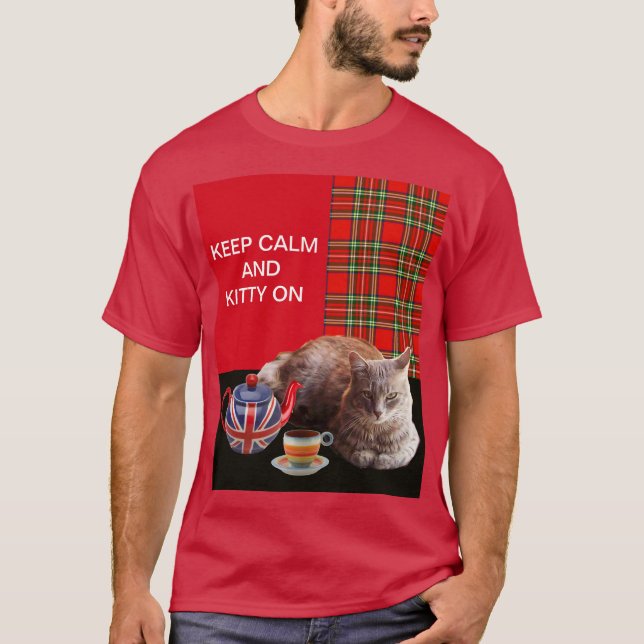 "KEEP CALM AND KITTY ON" ,RED TARTAN,CAT TEA PARTY T-Shirt (Front)