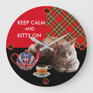 KEEP CALM AND KITTY ON ,RED TARTAN TEA PARTY LARGE CLOCK