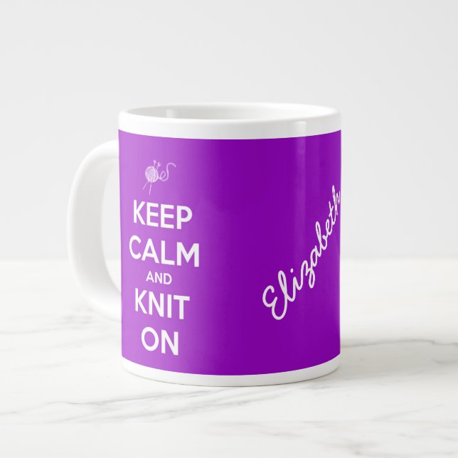Keep Calm and Knit On Fuschia Personalised Mug (Front Left)
