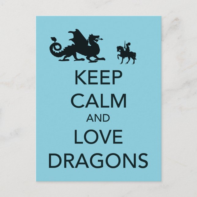Keep Calm and Love Dragons Unique Print on Blue Postcard (Front)