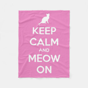 Keep Calm and Meow On Pink and White Fleece Blanket