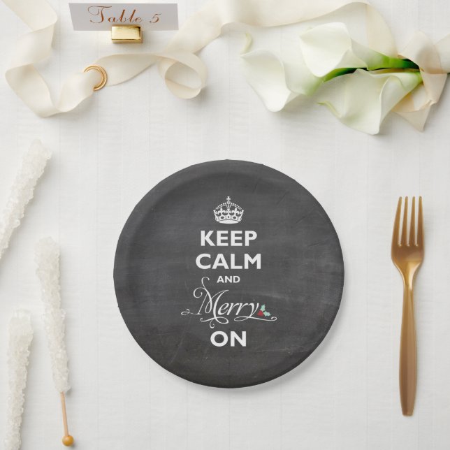 Keep Calm And Merry On Chalkboard Funny Holiday Paper Plate (Wedding)