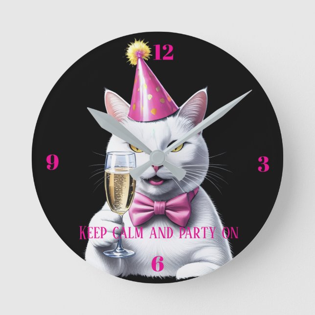Keep Calm and Party On - Funny Cat Round Clock (Front)