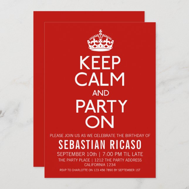 Keep Calm And Party On Invitation (Front/Back)