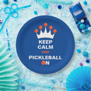 Keep Calm and Pickleball On, Blue Orange and White Paper Plate