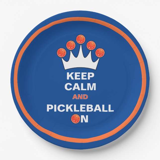 Keep Calm and Pickleball On, Blue Orange and White Paper Plate (Front)