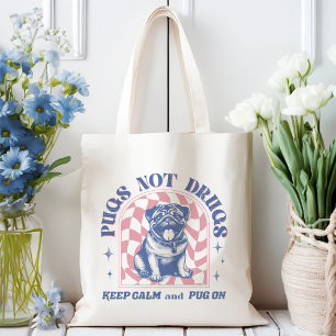 Keep Calm and Pug On Retro Pugs Not Drugs Tote Bag