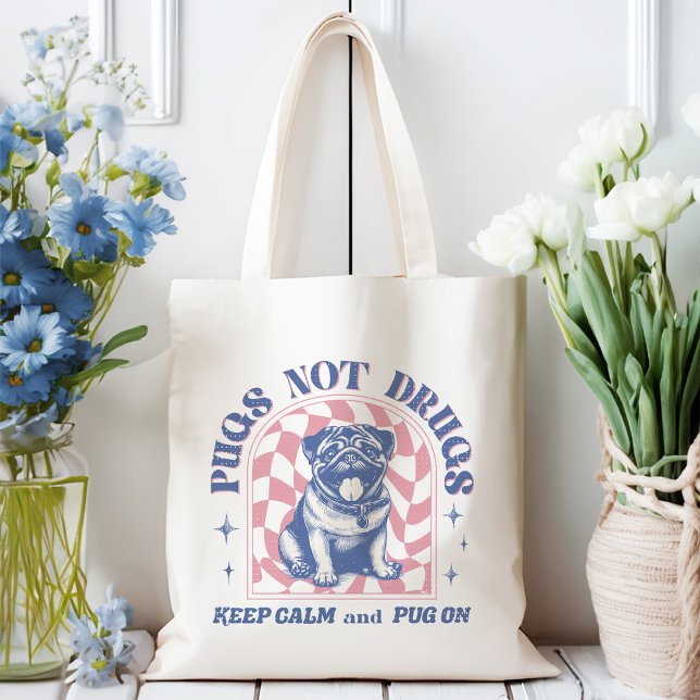 Keep Calm and Pug On Retro Pugs Not Drugs Tote Bag (This fun design showcases an adorable retro pug with muted pink and colors.)