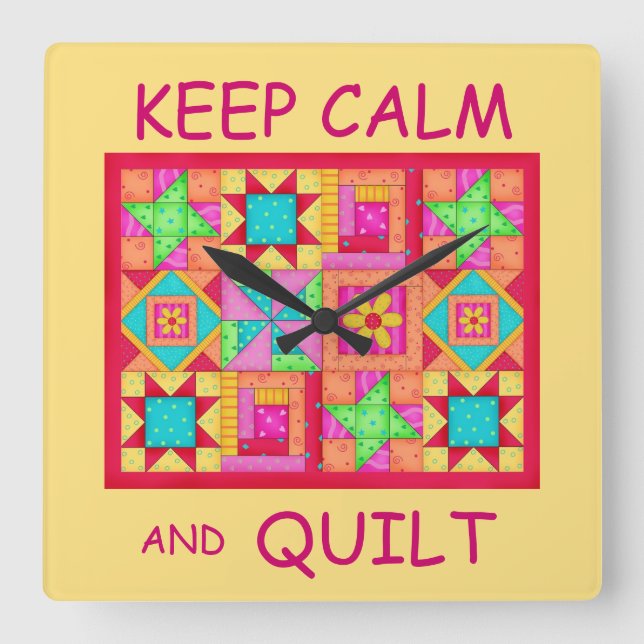 Keep Calm and Quilt Multi Block Patchwork Quilt Square Wall Clock (Front)