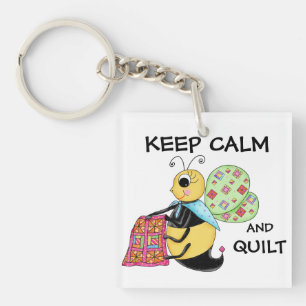 Keep Calm and Quilt Whimsy Honey Bee Art Key Ring