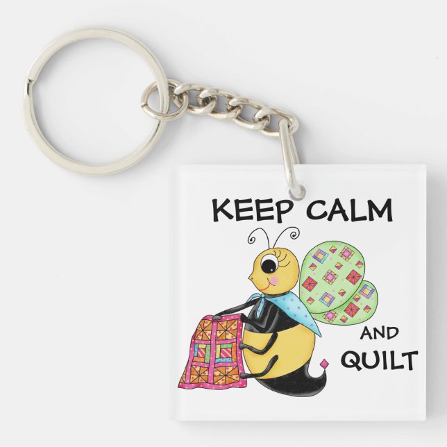 Keep Calm and Quilt Whimsy Honey Bee Art Key Ring (Front)