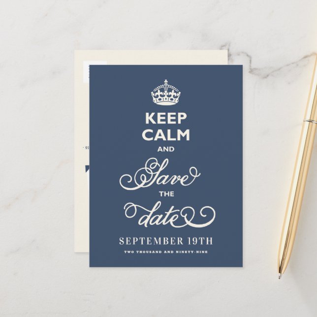 Keep Calm And Save The Date Curly Script Funny Ann Announcement Postcard (Front/Back In Situ)